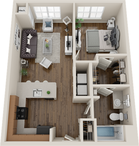 Floor plan for 1 bed, 1 bath, 659 sqft